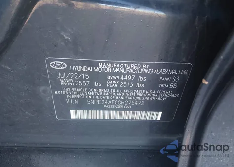 2016 Hyundai Sonata Se z USA, uszkodzony, nr VIN 5NPE24AF0GH275472